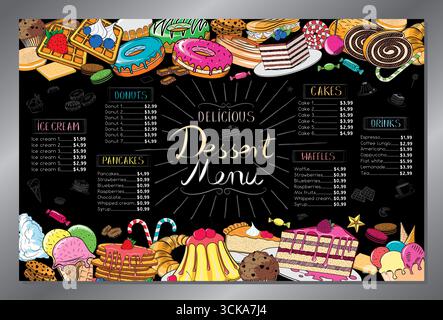 Dessert menu card with colorful hand-drawn food - tabloid format - vector illustration Stock Vector