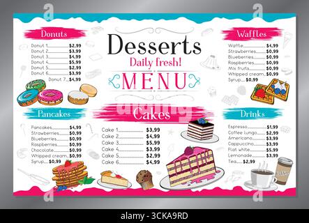 Pink and blue dessert menu card - tabloid format - vector illustration Stock Vector
