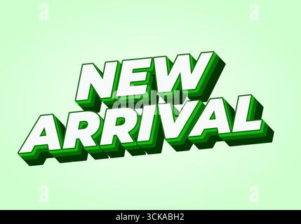 3D text design featuring the words New Arrival in bold green and white colors against a light green background. Stock Vector