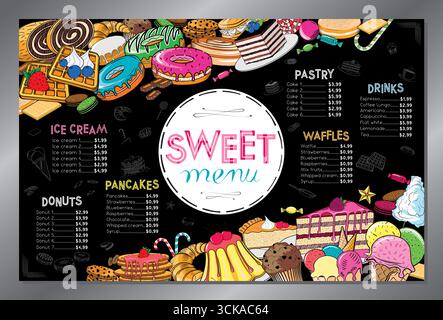 Dessert menu card with colorful hand-drawn food - tabloid format - vector illustration Stock Vector