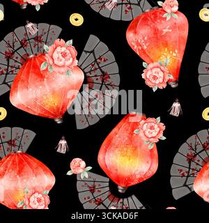 Seamless watercolor illustration of red Chinese lanterns with blossoms, gold coins, and folding fans on black background. Perfect for textile, wallpap Stock Photo