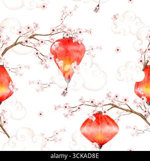 Seamless watercolor illustration of cherry blossom branches with red lanterns on white background. Perfect for textile pattern, wallpaper, gift wrap, Stock Photo