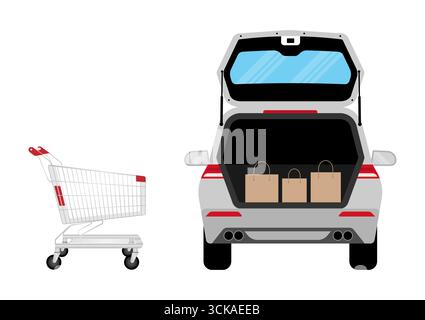 Shopping Bags in Car trunk. Shopping in Supermarket or Convenience Store. Shopping Concept. Vector Illustration. Stock Vector