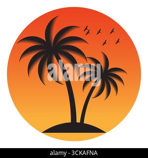 Palm Tree With Sunset at The Beach or Island. Sunset and Palm Tree Logo. Summer Beach Logo. Tropical or Paradise Island in Summer. Vector Illustration Stock Vector