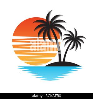 Palm Tree With Sunset at The Beach or Island. Sunset and Palm Tree Logo. Summer Beach Logo. Tropical or Paradise Island in Summer. Vector Illustration Stock Vector