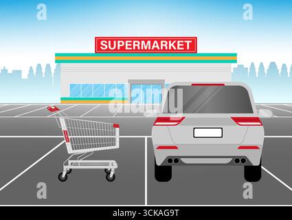 Shopping Cart or Shopping Trolley in  Parking Lot of Supermarket. Shopping Concept. Vector Illustration. Stock Vector