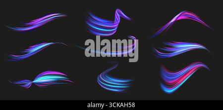 Speed light lines. Fast neon streaks, dynamic glowing energy swirl ribbons, futuristic speed motion effect and colorful motion wave trails. Isolated f Stock Vector