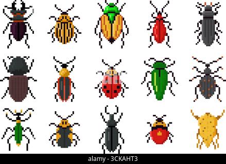 Pixel art insects. Retro 8 bit pixelated beetles, digital ladybugs, colorful beetle and bugs icons. Old school video game insect isolated vector illus Stock Vector