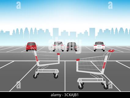 Shopping Cart or Shopping Trolley in  Parking Lot of Supermarket. Shopping Concept. Vector Illustration. Stock Vector