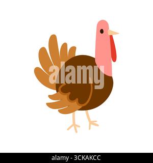 Simple flat turkey bird with fan tail and hanging wattle, standing in profile and isolated on white. Ideal for farm, poultry, holiday and kids themes Stock Vector