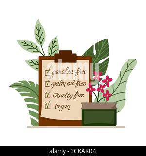 Clipboard checklist for ethical skincare - paraben free, palm oil free, cruelty free, vegan. Cosmetic jar and leaves emphasize sustainable beauty Stock Vector