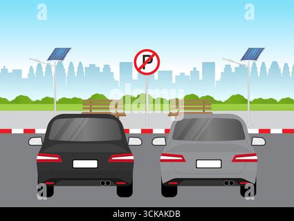 Car Parked in No Parking Area or Prohibited Area. Car Break the Rule in Prohibited Area. Traffic rules. Vector Illustration. Stock Vector