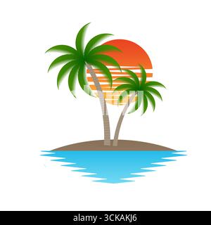 Palm Tree With Sunset at The Beach or Island. Sunset and Palm Tree Logo. Summer Beach Logo. Tropical or Paradise Island in Summer. Vector Illustration Stock Vector