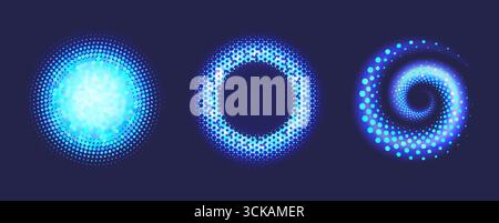 Glowing halftone circles. Neon dotted round shapes, abstract luminous ring, spiral swirl dots with gradient light effect. Futuristic circular glowing Stock Vector