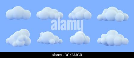 White fluffy 3D clouds. Cartoon puffy cumulus shapes, floating abstract bubble soft cloud and cloudy weather symbol icons. Isolated dreamy cloudscape Stock Vector