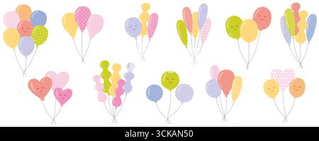 Doodle balloons. Cute cartoon balloon bundles with smiling faces, hand drawn birthday celebration doodle elements for kids party, festive event and ho Stock Vector