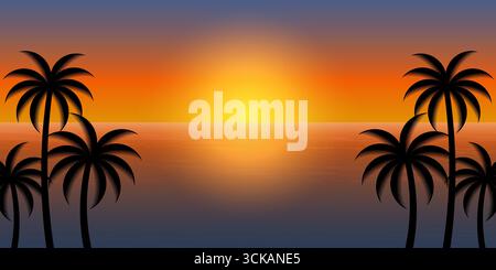 Summer Beach Background with Coconut Tree. Sunset Background. Paradise Tropical Island in Summer and Holiday Concept. Stock Vector