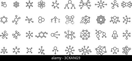 Business network icons. Networking structures, organization connections and atomic bond diagrams. Abstract connected nodes or chemical molecules linea Stock Vector