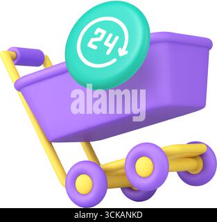 24 7 online shopping service and retail availability concept with shopping cart and round the clock badge. Modern 3d icon realistic vector illustratio Stock Vector