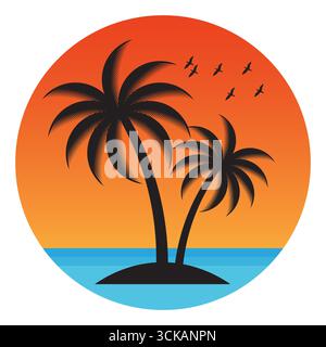 Palm Tree With Sunset at The Beach or Island. Sunset and Palm Tree Logo. Summer Beach Logo. Tropical or Paradise Island in Summer. Vector Illustration Stock Vector