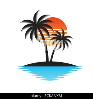 Palm Tree With Sunset at The Beach or Island. Sunset and Palm Tree Logo. Summer Beach Logo. Tropical or Paradise Island in Summer. Vector Illustration Stock Vector