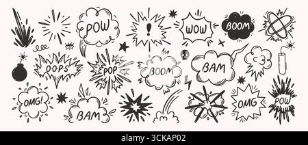Doodle comic explosions. Boom, Bam and Pop sound effects with hand drawn explosion speech bubbles, blast bursts and puff clouds. Cartoon bang isolated Stock Vector