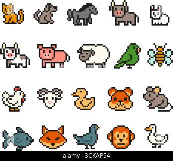 Pixel art animals. Retro 8 bit cartoon pets, cute digital farm and pixelated domestic animal. Old school arcade video game style isolated vector icons Stock Vector