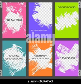 Grunge banner backgrounds. Poster frame layouts with brush stroke textures, artistic hole backdrops with hand drawn cutout paintbrush strokes. vector Stock Vector