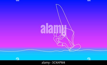 Windsurfer one line drawing concept. Continuous line watersport sailing surfing extreme sport art. Travel adventure lifestyle. Purple cyan background Stock Vector