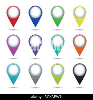 Map Pin Location Markers Vector Set in Multiple Colors. GPS Pointer Icons Isolated. Navigation Symbol for Map Design, Travel Application, Direction Stock Vector