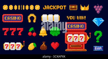 Pixel art slot machine. Pixelated 8 bit casino 777 lucky symbols, lemons, bells, diamonds, hearts, clover, horseshoe, jackpot and bar signs. Retro vid Stock Vector