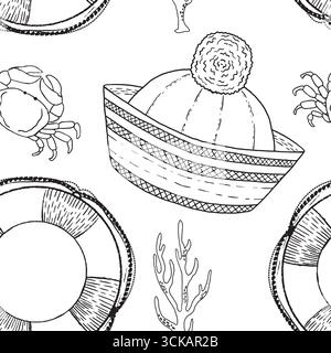 An enchanting and whimsical nauticalthemed illustration showcasing playful crabs, vibrant hats, and cute lifebuoys. Black and white seamless vector pattern. Stock Vector