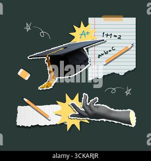 Back to school collage featuring graduation cap and educational symbols. Vector illustration Stock Vector