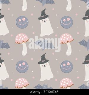 Halloween ghost pattern. Seamless autumn pattern with hand drawn cute ghosts on beige background. Funny ghosts, bats, fly agarics, mushrooms, witchs cauldron and hat. Cute childish background. Pastel colors. Vector illustration. Stock Vector