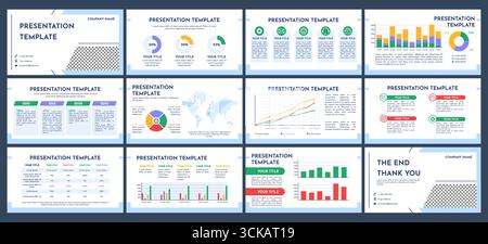 Finance infographics presentation slides. Business report charts, data visualization and analysis graphs, bar and pie diagrams, world map visualizatio Stock Vector