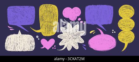 Crayon speech bubble vector set in purple, yellow, pink and white on dark background. Hand drawn talk balloon elements with chalk texture. Use for Stock Vector