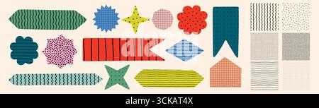 Pattern and shape vector set with colorful abstract forms like banners, stars, diamonds, flowers, and arrows. Crayon texture seamless patterns. Drag Stock Vector