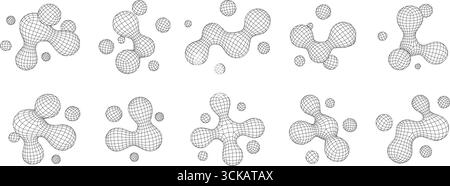 Abstract 3D metaball wireframe shapes. Geometric mesh liquid blobs, connected cell form grid structures and polygonal digital molecule forms. Futurist Stock Vector
