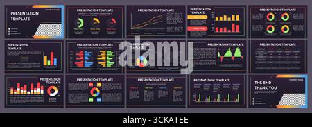 Statistical infographics presentation slides. Business data analysis charts, pie graphs, bar diagrams, line graphs and world map visualization, statis Stock Vector