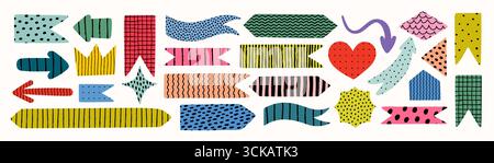 Abstract shapes in bright colors with hand-drawn textures. Dotted, striped, and wavy pencil shapes with crayon texture. Perfect for stickers, kids Stock Vector