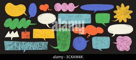 Crayon speech bubble collection on black background with vibrant hand drawn shapes. Rough pencil textured text boxes. Great for fun designs, comics Stock Vector