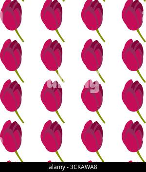 Red tulips in cartoon style. Cute spring flowers. Seamless pattern. Vector illustration. Stock Vector