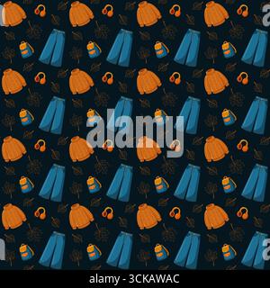 Seamless pattern with autumn sweater, jeans, backpack and headphones. Cartoon vector dark background.  Stock Vector
