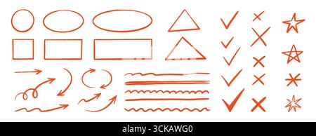Pen red emphasis set. Hand drawn crayon check marks, speech bubbles, punctuation symbols and comic lightning signs for teacher highlights. Hand drawn red emphasis marker shapes. Vector illustration Stock Vector