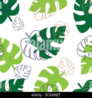 Bold monstera leaves in green tones creating a seamless tropical foliage background. Ideal for summer designs, textile, wallpaper, and decorative prin Stock Vector
