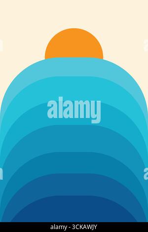 Abstract minimalist winter landscape illustration with layered blue hills and orange sun. Perfect for seasonal designs, posters, and backgrounds Stock Vector