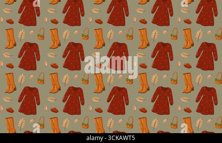 Seamless pattern with fall fashion clothes and autumn leaves. Cartoon vector background.  Stock Vector