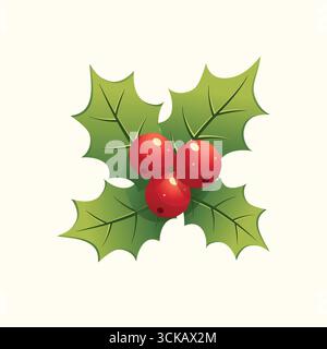 holly berry illustration featuring three bright red berries surrounded by green, spiky leaves Stock Vector
