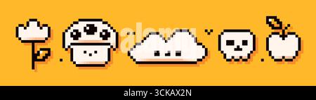 Pixel game icons on yellow background. Tulip, mushroom, cloud, skull, apple drawn in simple Y2K bit style. Stock Vector