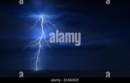 Thunder lightning. Dramatic thunderstorm bright lightning against dark cloudy ominous sky. Dark blue nature thunderstorm background, night landscape Stock Vector